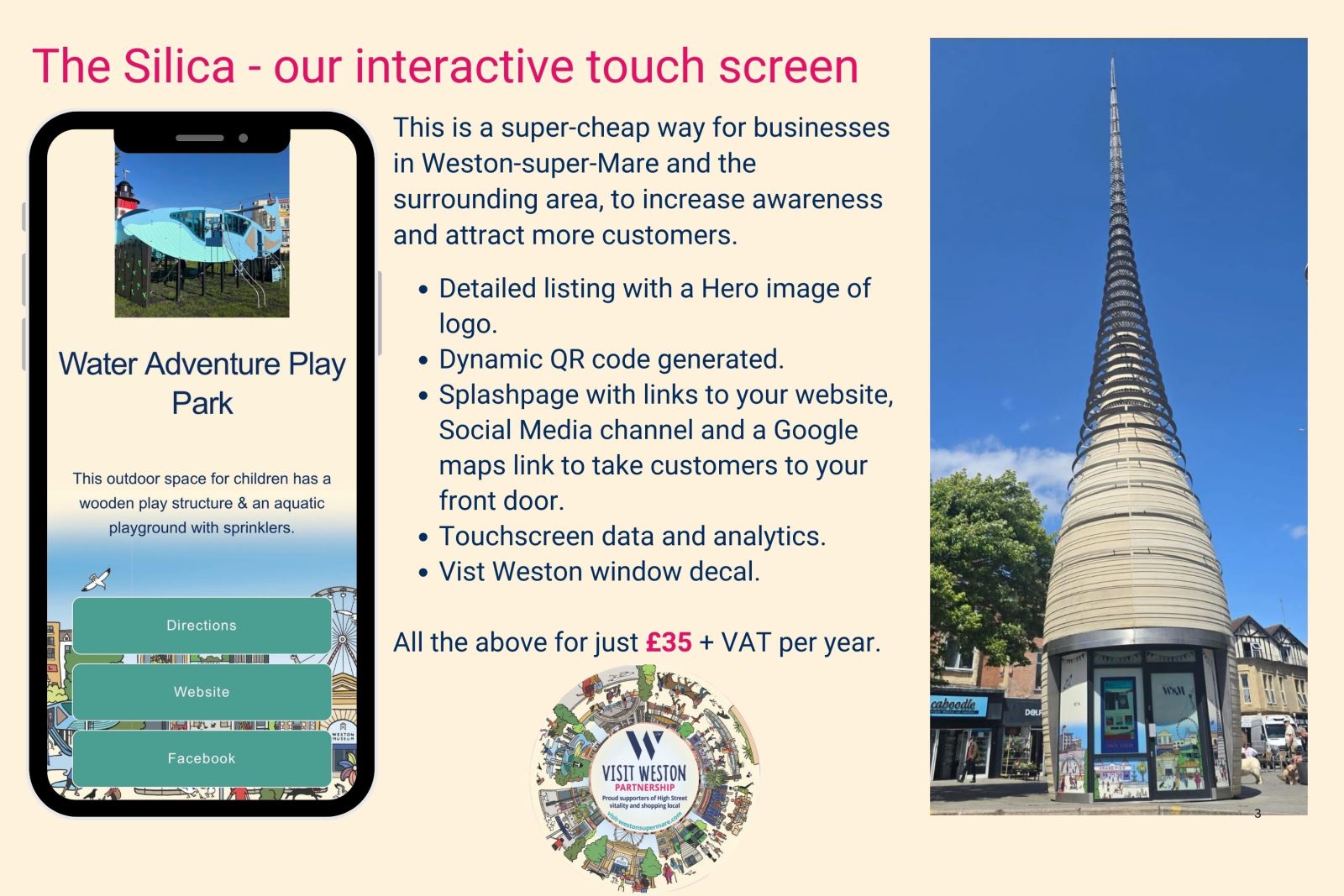 Words and pictures promoting advertising on the Silica spire in Weston-super-Mare